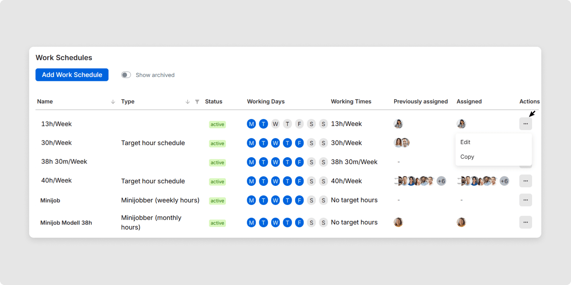 <p>Now, you can set up your work time model.</p><p><br></p><p><br></p><p>Click on the three-dot menu to edit the work time model:</p>