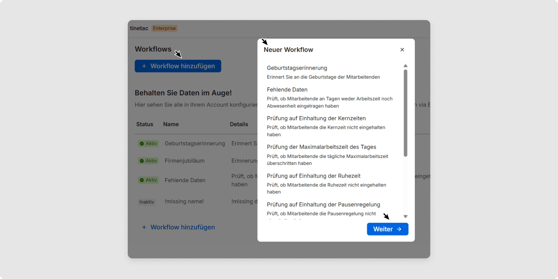<p>Wählen Sie den gewünschten Workflow aus und klicken Sie auf <em>Weiter</em>.</p>