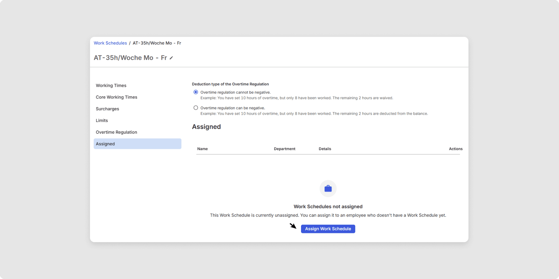 <p>Define the basic data for the work schedule:</p><p><br></p><p><br></p><ul><li><strong>Employment Start Date:</strong> Enter the employee's start date.</li></ul><p><br></p><ul><li><strong>Assigned Work Schedules: </strong>Select the work schedule for the employee from the drop-down menu.</li></ul><p><br></p><ul><li><strong>Work Schedule Start Date:</strong> Enter the date from which this work schedule should be valid for the employee.</li></ul><p><br></p>