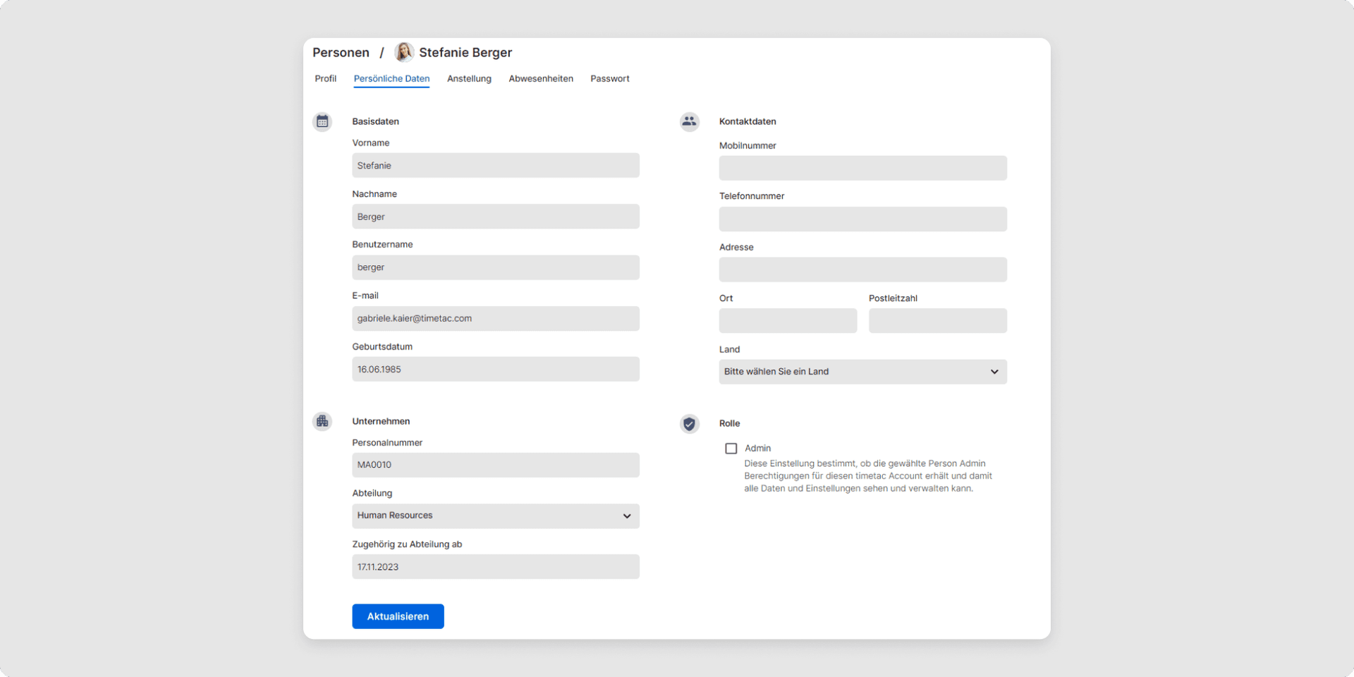 Unter „Persönliche Daten” werden Basisdaten, Kontaktdaten, Unternehmen und Rolle konfiguriert