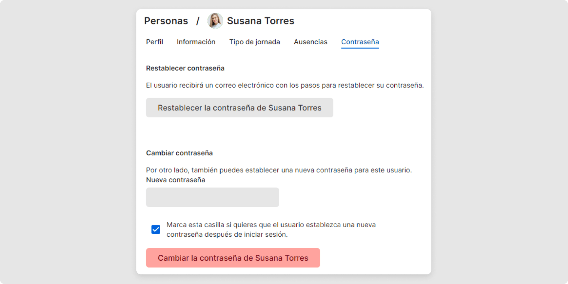 <p>Luego, haz clic en el menú 'Contraseña', ingresa una nueva contraseña en el campo 'Nueva contraseña' y haz clic en 'Cambiar contraseña'.</p>