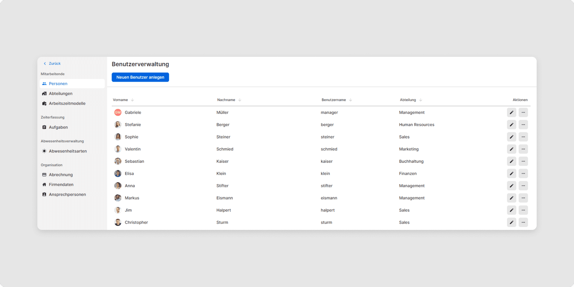 Falls Sie das Passwort für eine andere Person ändern wollen, klicken Sie auf „Einstellungen” danach „Personen” und wählen die entsprechende Person aus. Die Änderung des Passworts für eine andere Person ist nur möglich, wenn Ihnen die Rolle „Admin” zugeordnet wurde