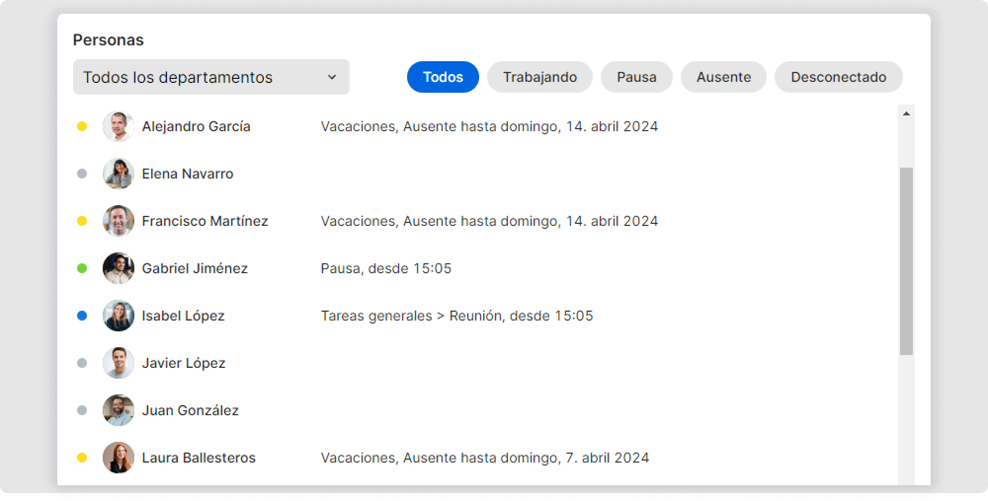En el área "Personas", tienes la opción de filtrar según varios criterios. Por defecto, "Todos los departamentos" está configurado en el menú desplegable y "Todos" está seleccionado para todas las personas de la empresa.